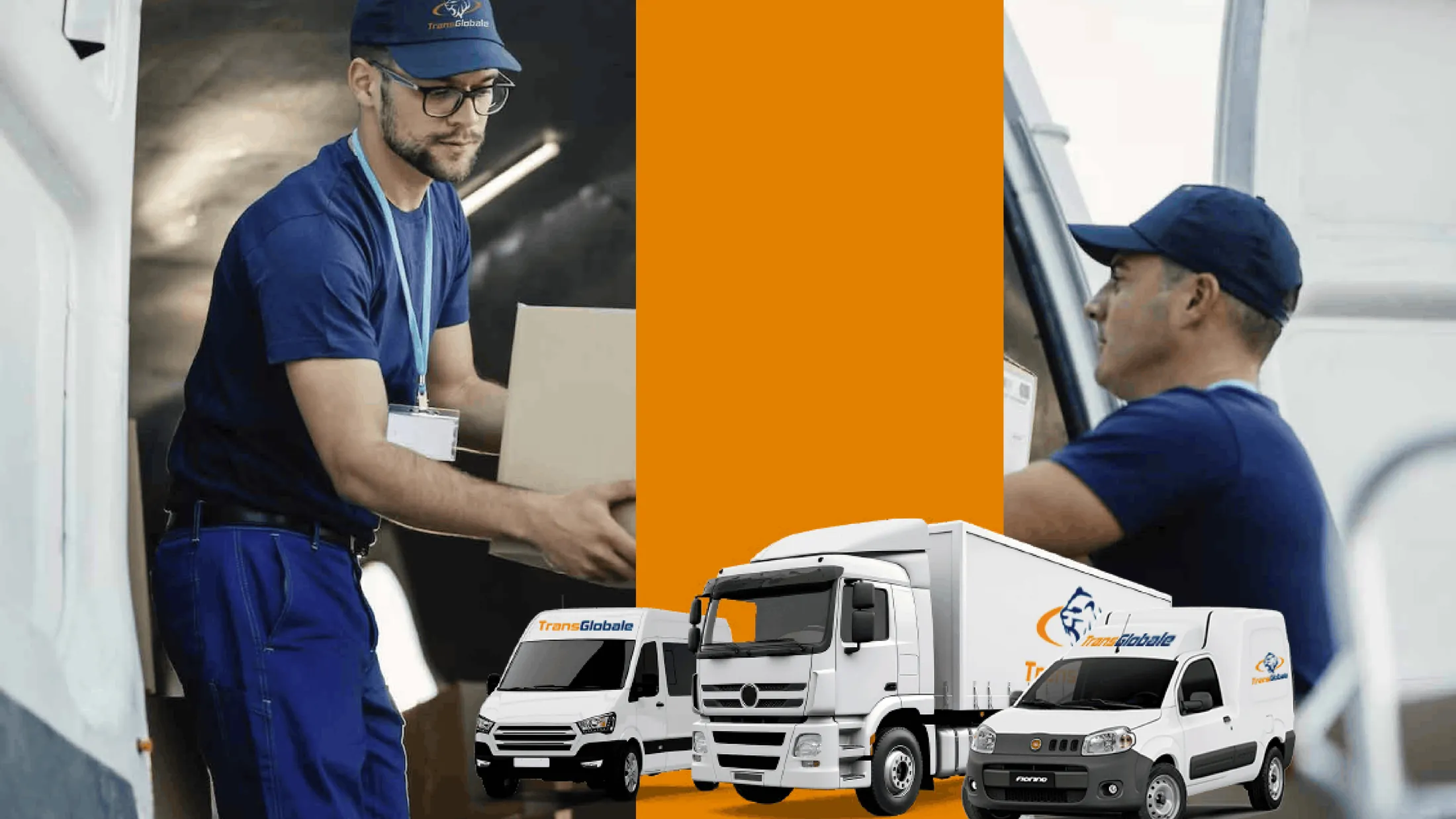 Equipe TransGlobale carregando uma van, com fiorino, van e caminhão baú da frota em destaque